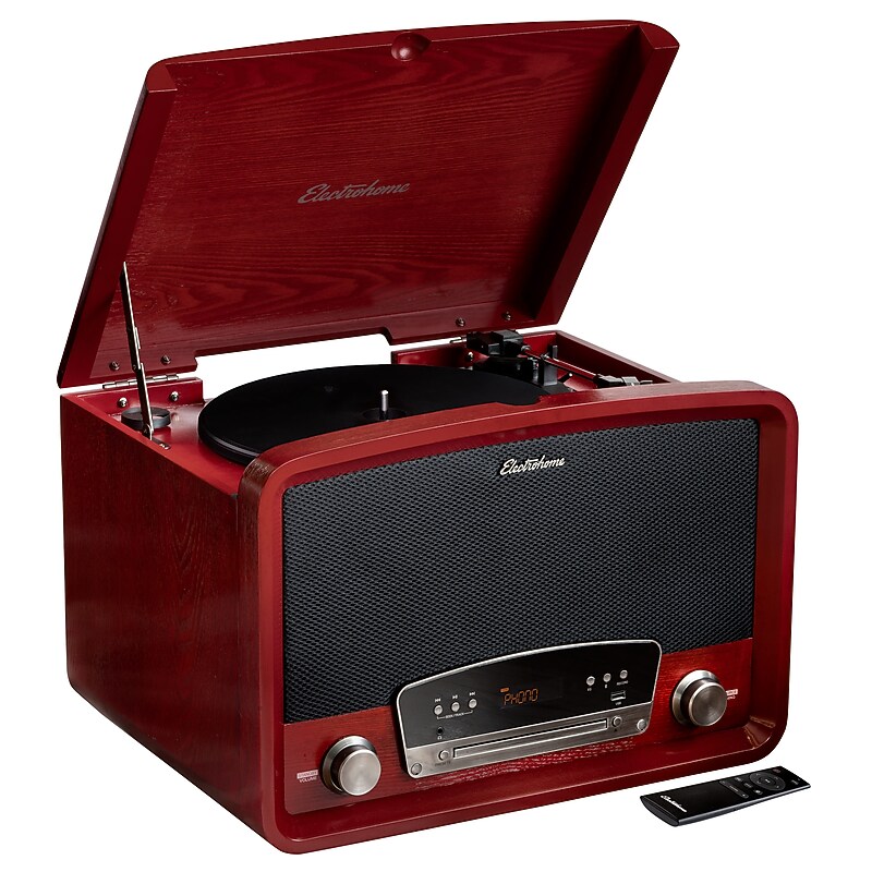 Electrohome Kingston Vintage Vinyl Record Player Stereo System, Turntable, Bluetooth, Radio, CD, Aux, USB, Vinyl to MP, Cherry image 1