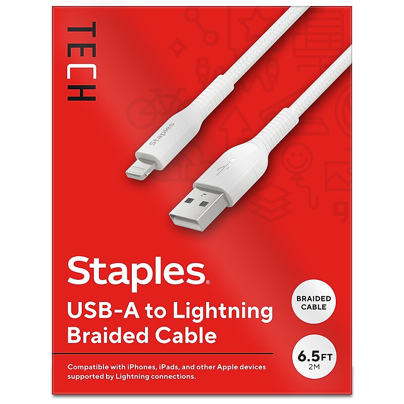 Staples TECH Lightning to USB-A Charging Cable, 6.6 ft., White (ST62331) image 1