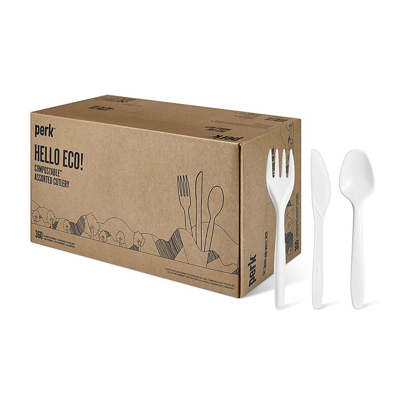 Perk™ Eco Compostable PLA Assorted Cutlery, Medium-Weight, White, 360/Pack (PK56205) image 1
