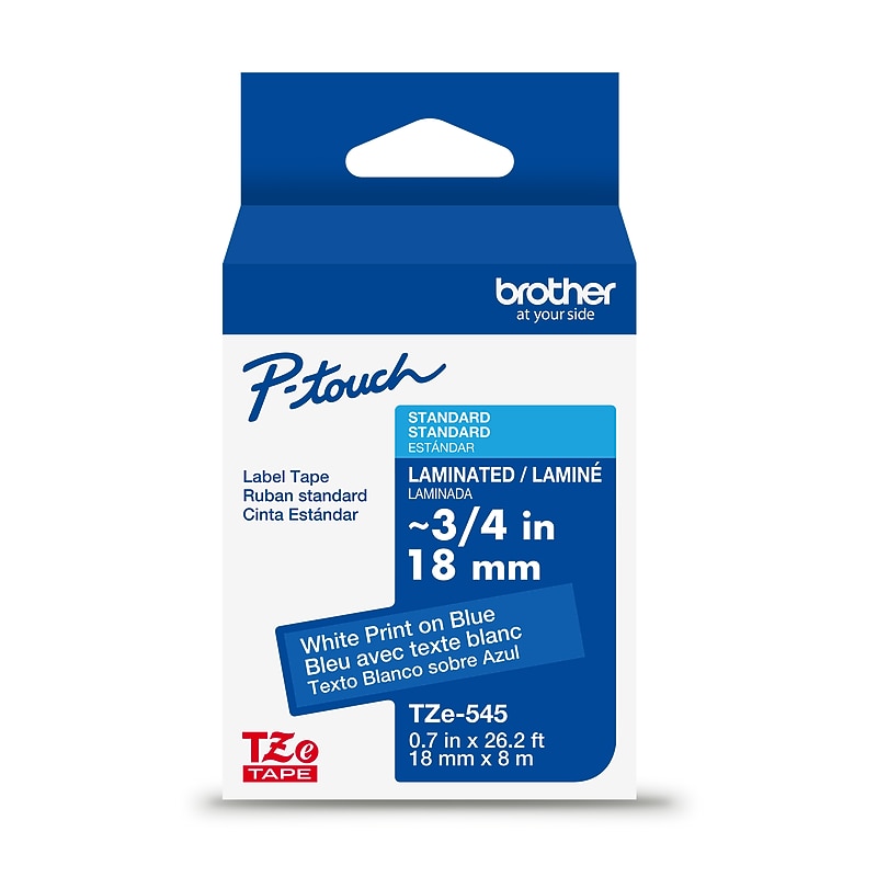 Brother P-touch Laminated Label Tape, 3/4" x 26.2', White on Blue (TZe545) image 1