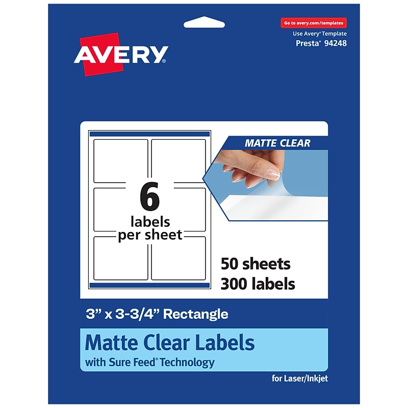 Avery Laser/Inkjet Rectangle Multipurpose Labels, 3" x 3-3/4", Clear, 300/Box (94248) image 1