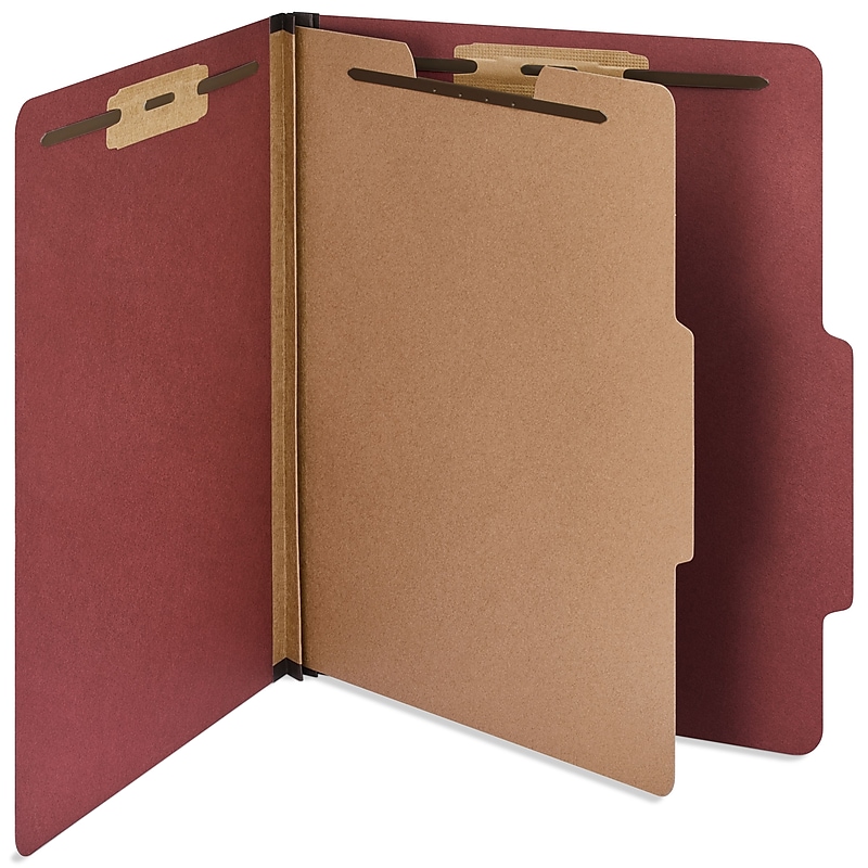 Staples 60% Recycled Heavy Duty Pressboard Classification Folder, 1-Divider, 2" Expansion, Letter Size, Red, 10/Box (ST62558) image 1