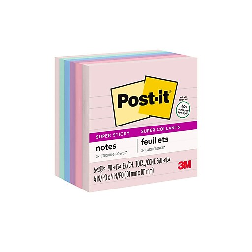 Postit® Recycled Super Sticky Notes, 4" x 4", Wanderlust Pastels Collection, Lined, 90 Sheets