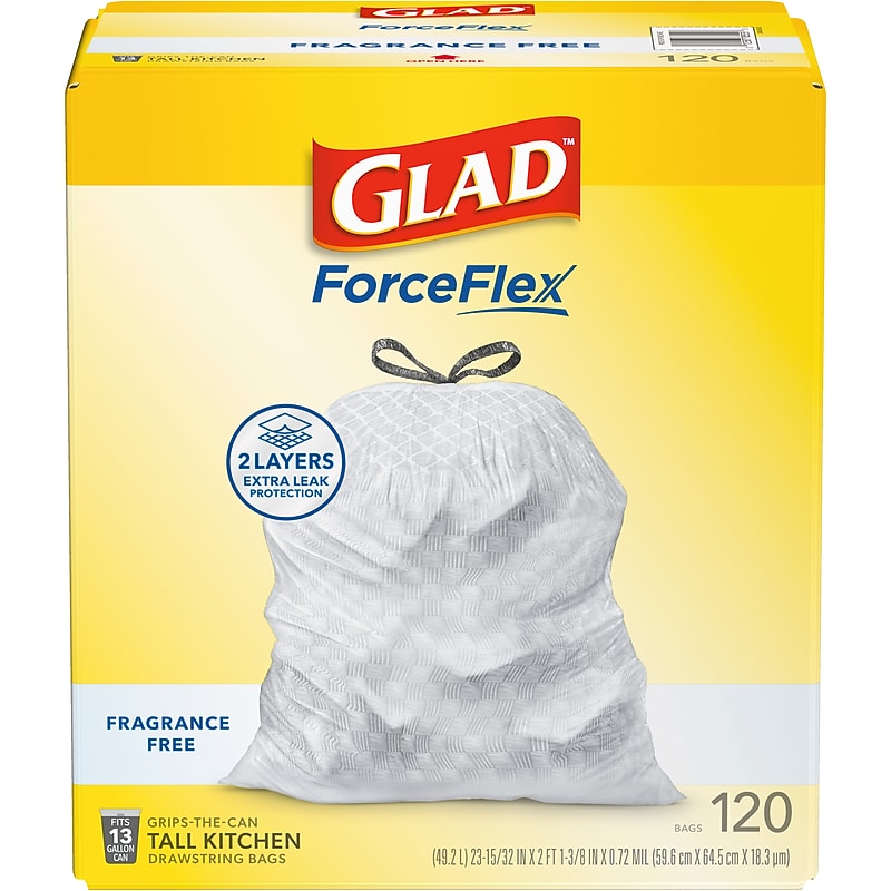 Glad ForceFlex Tall 13 Gallon Drawstring Kitchen Trash Bag, White, 120 Total Bags (78555) image 1