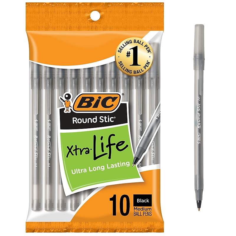 BIC Round Stic Xtra Life Ballpoint Pens, Medium Point, Black Ink, 10/Pack (20123) image 1