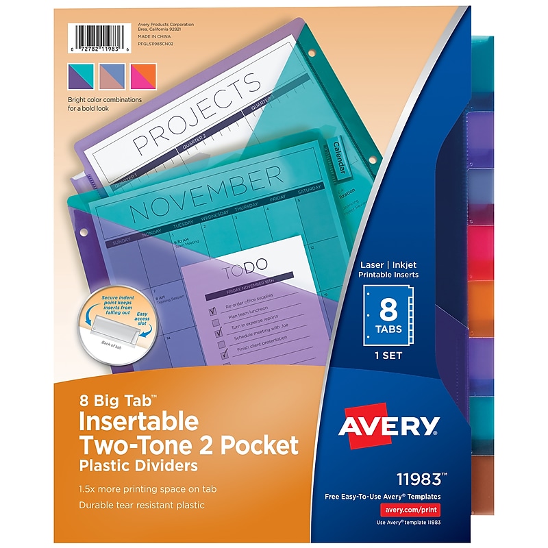 Avery Big Tab Insertable Plastic Dividers with 2 Pockets, 8 Tabs, Two-Tone Multicolor (11983) image 1