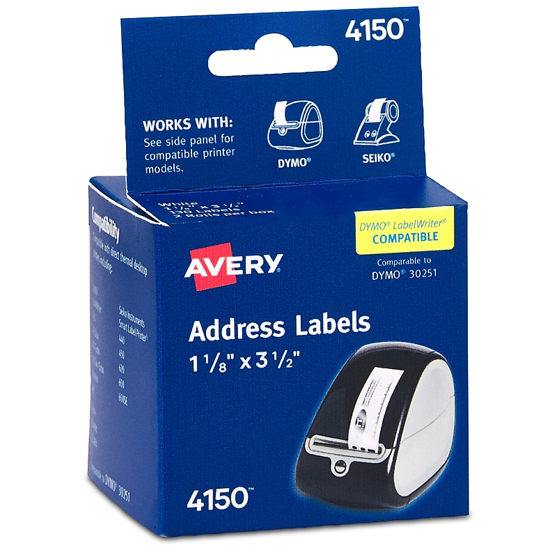 Avery Thermal Address Labels, 1-1/8" x 3-1/2", White, 260 Labels/Box (4150) image 1