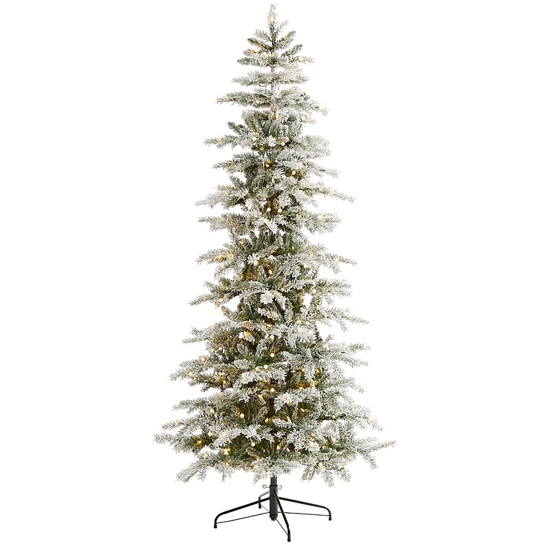 Nearly Natural 7.5-ft Slim Flocked Nova Scotia Spruce Artificial Christmas Tree with 450 Warm White LED Lights (T1856) image 1