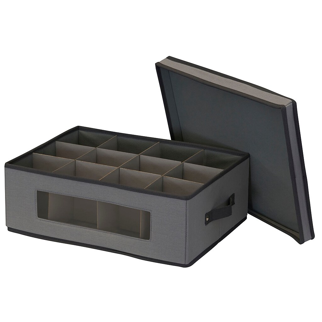 Open view of gray storage chest with divided compartments