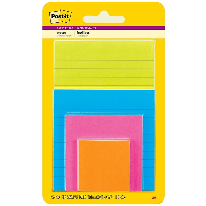 Post-it Super Sticky Notes, Assorted Sizes, Energy Boost Collection, 45 Sheets/Pad, 4 Pads/Pack (4622-SSAU) image 1