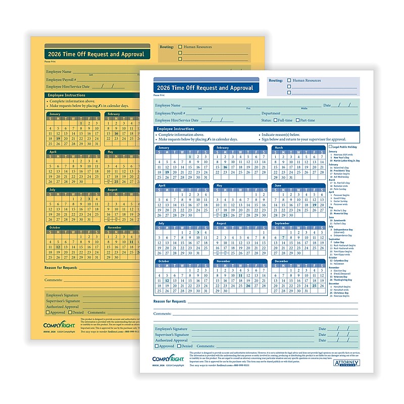 ComplyRight 2026 Time Off Request and Approval Form, 2-Part, 50 Forms/Pack (A0030) image 1
