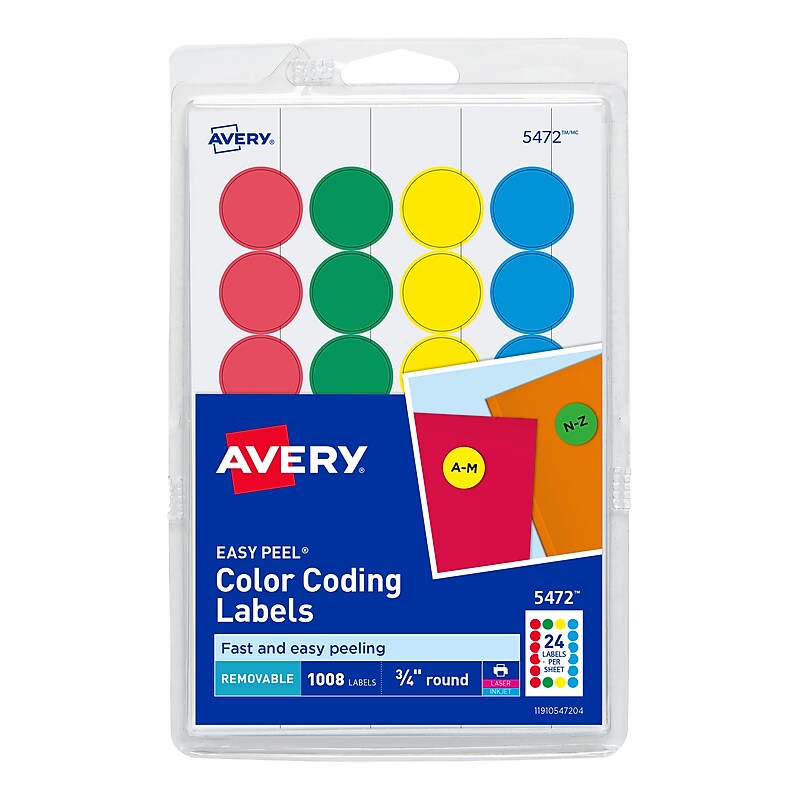 Avery Easy Peel Laser/Inkjet Color Coding Labels, 3/4" Dia, Assorted Colors, 1,008 Labels/Pack (5472) image 1