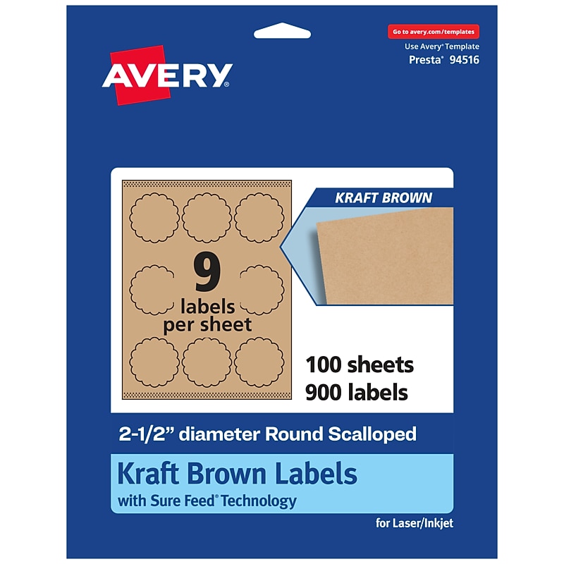 Avery Laser/Inkjet Decorative Edge Multipurpose Labels, 2.5" Dia., Kraft Brown, 900 Labels/Box ( 94516) image 1