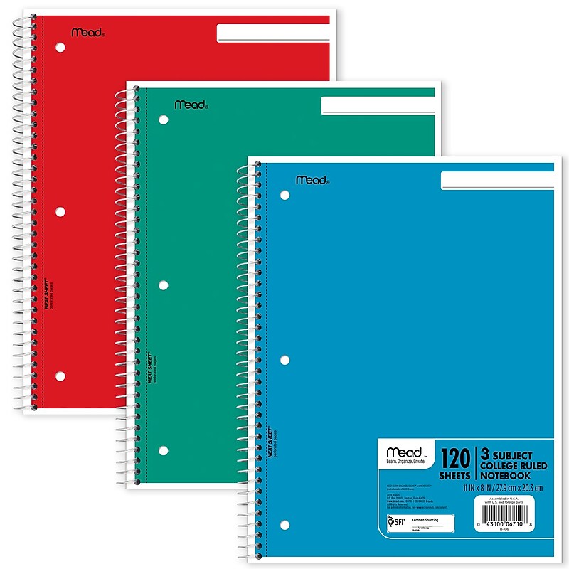 Mead Spiral 3-Subject Notebooks, 8.5" x 11", College Ruled, 120 Sheets (06710) image 1