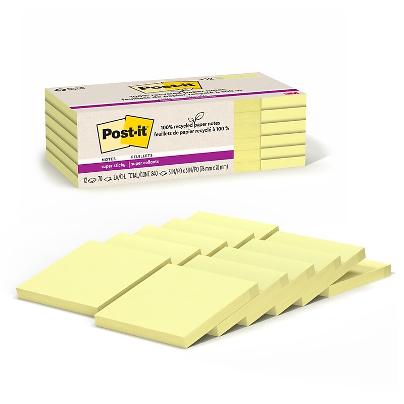 Post-it Recycled Super Sticky Notes, 3" x 3", Canary Collection, 70 Sheets/Pad, 12 Pads/Pack (654R-12SSCY) image 1