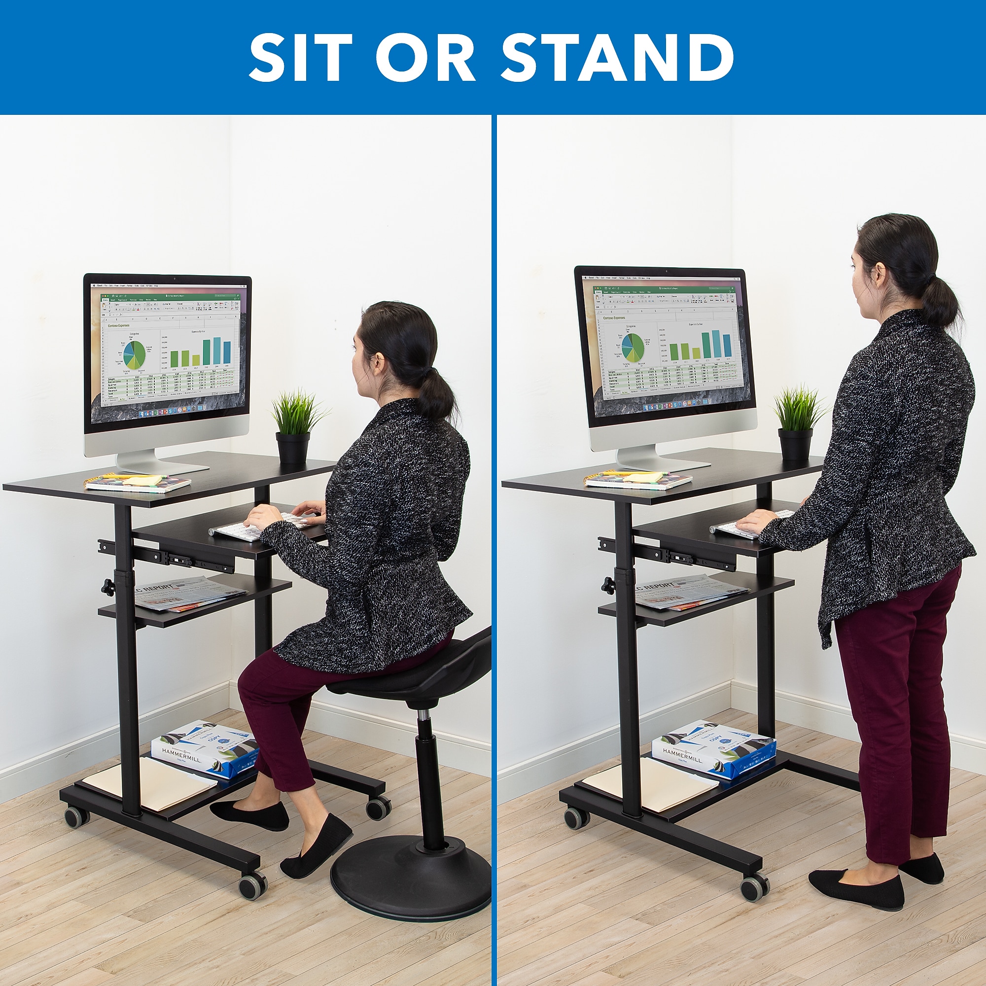 Mount-It! 32″ W Mobile Adjustable Standing Desk With Retractable Keyboard Tray, Black (MI-7998B) Sansujyuku sansujyuku.com