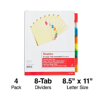 Staples Large Tab Insertable Paper Dividers, Assorted Color 8 Tab, Buff, 4 Pack (13517/14483)