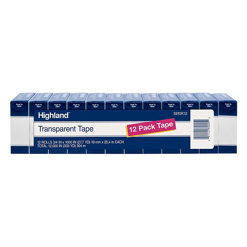 Highland Transparent Clear Tape, 0.75" x 27.77 yds., 1" Core, Transparent, 12 Rolls/Pack (5910K12) image 1