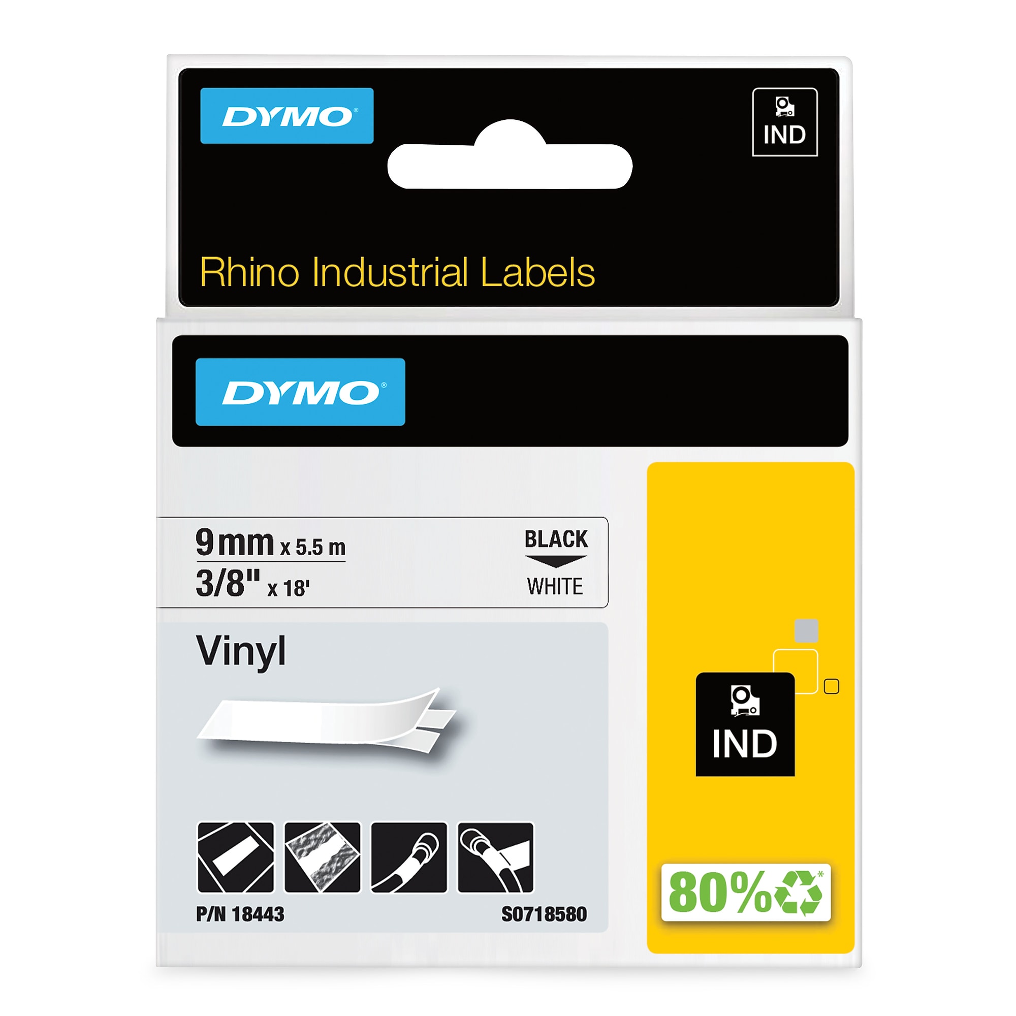 DYMO IND 18443 Vinyl Label Printer Label, 3/8″W, Black on White Sansujyuku sansujyuku.com