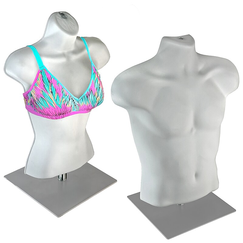Azar Male & Female White Plastic Bust, Torso Mannequin, 12" Square Metal Base, 2/Pack (900927-WHT) image 1