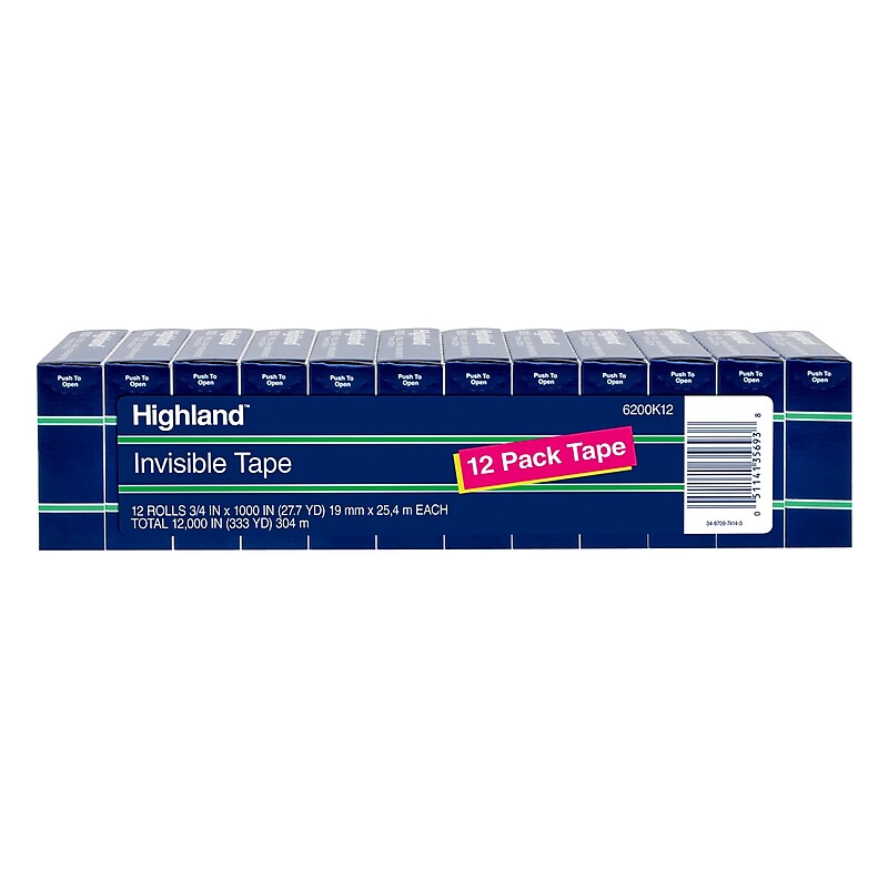 Highland Invisible Clear Tape, 0.75" x 27.77 yds., 1" Core, Invisible, 12 Rolls/Pack (6200K12) image 1