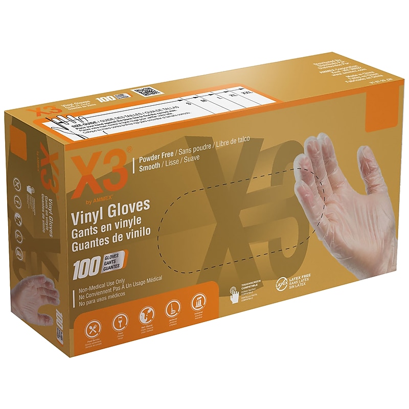 X3 Vinyl Gloves, Medium, Powder/Latex Free, Clear, 100/Box (GPX344100) image 1