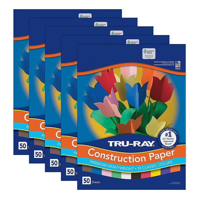 Tru-Ray 12" x 18" Construction Paper, Assorted Colors, 50 Sheets/Pack, 5 Packs/Bundle (PAC103063-5) image 1