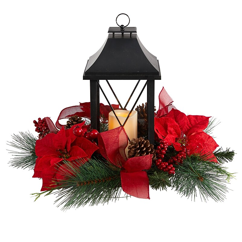 Nearly Natural 15" Holiday Poinsettia, Pinecone & Greenery with Lantern and LED Candle Artificial Table Christmas Arrangement image 1