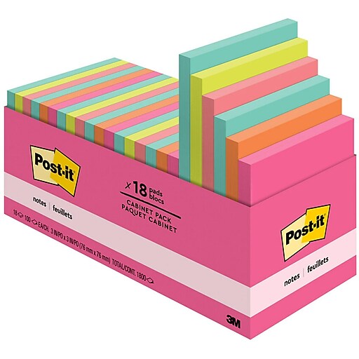 Postit Notes, 3" x 3", Poptimistic Collection, 100 Sheets/Pad, 18 Pads