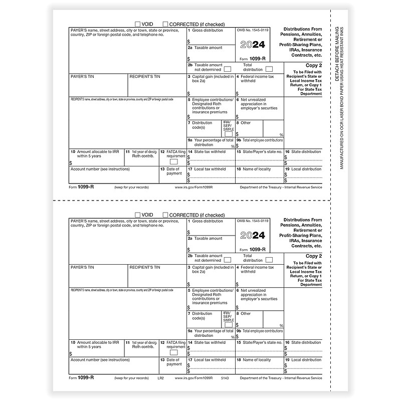 ComplyRight 2024 1099-R Tax Form, 1-Part, 2-Up, Payer Copy D, 50/Pack (514350) image 1