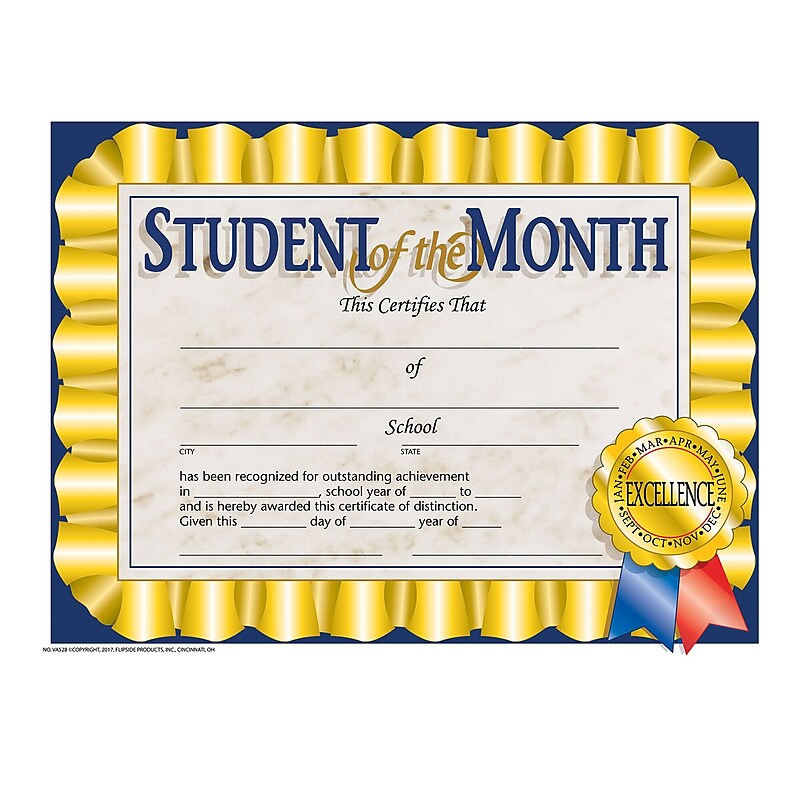 Flipside Student of the Month Certificate, 8.5" x 11", Multicolor, 30/Pack, 5 Packs/Carton (VA528-5) image 1