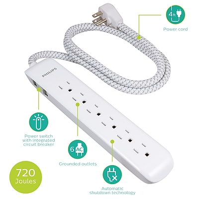 Philips 6-Outlet Surge Protector, 720J, 4 ft. Braided Cord, White (SPC3064WET1/37) Sansujyuku sansujyuku.com