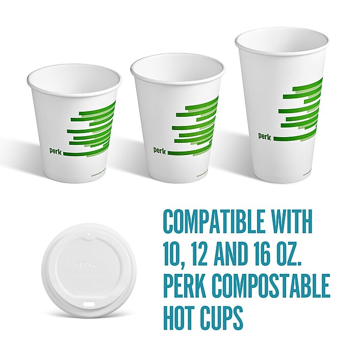 Perk™ Compostable Plastic Hot Cup Lid, 10/12/16 Oz., White