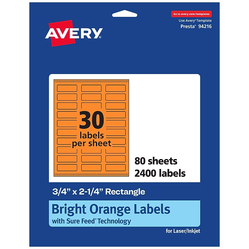 Avery Laser/Inkjet Multipurpose Rectangle Labels, 0.75" x 2.25", Bright Orange, 2400/Box (94216) image 1
