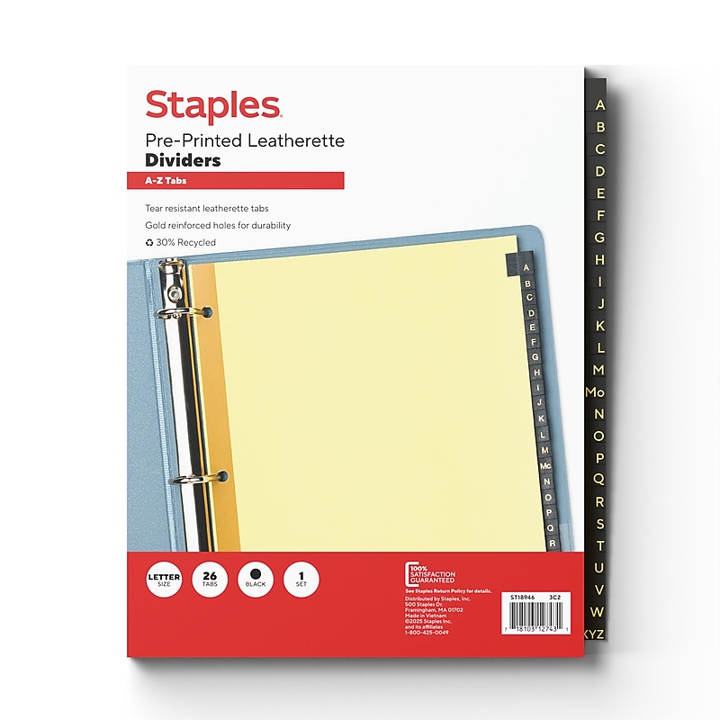 Staples Pre-Printed A-Z Leatherette Dividers, Black (18946/11483) image 1