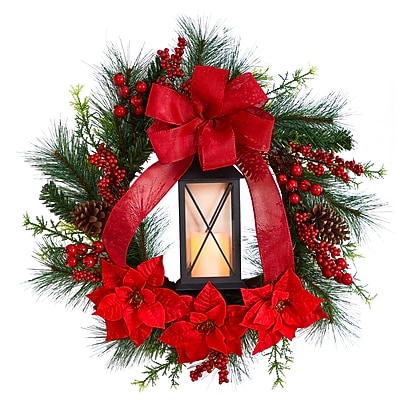 Nearly Natural Poinsettia and Berry Holiday Lantern Christmas Wreath - Thumbnail 2