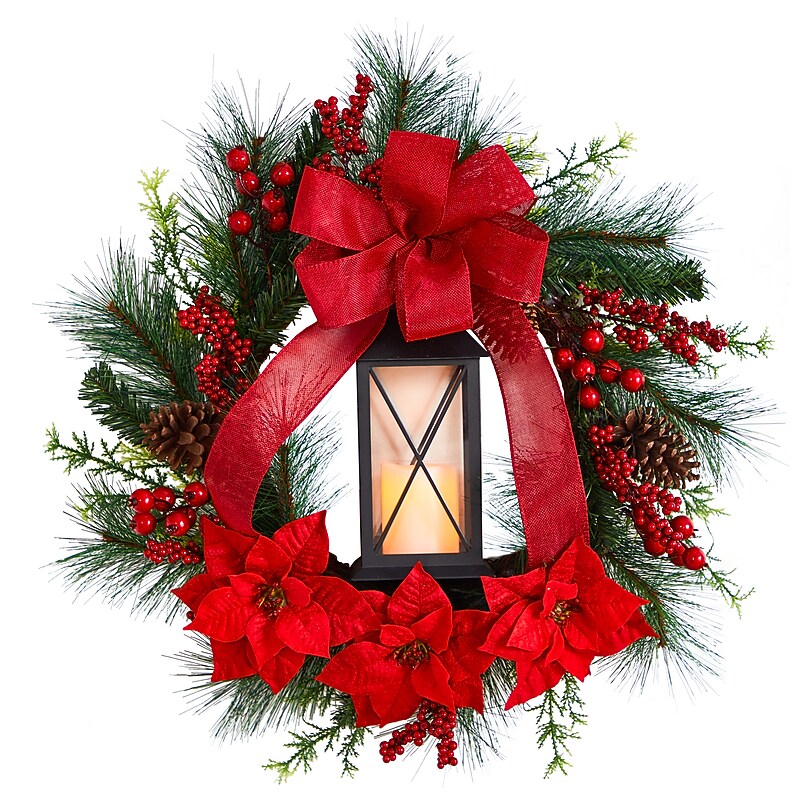 Nearly Natural Poinsettia and Berry Holiday Lantern Christmas Wreath, 28" (W1272) image 1
