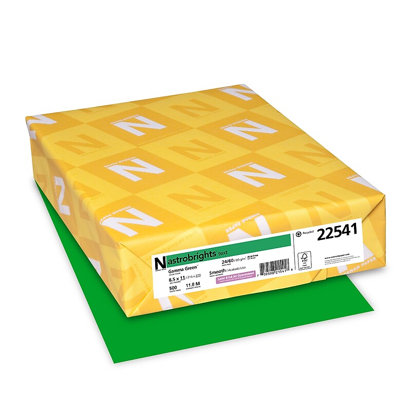 Astrobrights 8.5" x 11" Color Multipurpose Paper, 24 lbs., Gamma Green, 500 Sheets/Ream, 10/Ream (22541/21548CT) image 1