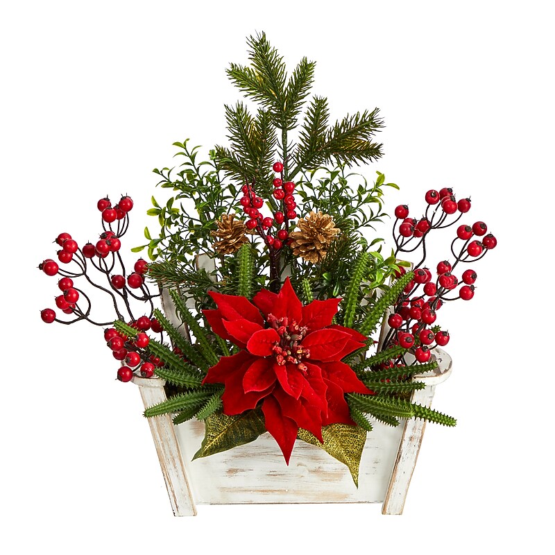 Nearly Natural Artificial Poinsettia, Succulent and Berry Arrangement in Bench Planter, 18" (A1410) image 1