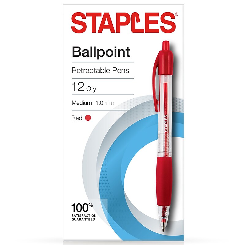 Staples Retractable Ballpoint Pens, Medium Point, Red Ink, Dozen (50792) image 1