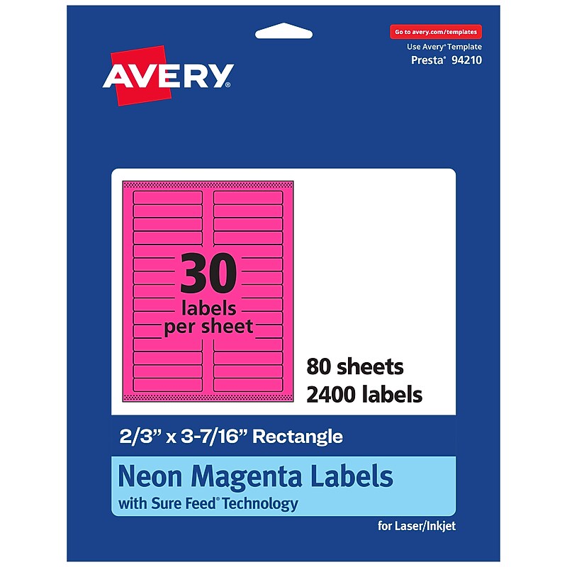 Avery Laser/Inkjet Rectangle Multipurpose Labels, 2/3" x 3-7/16", Neon Magenta, 2400/Box (94210) image 1