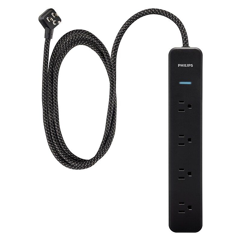 Philips 4-Outlet Surge Protector, 450J, Adapter-Spaced, 4 ft. Braided Cord, Black (SPP3503B/37-T1) image 1