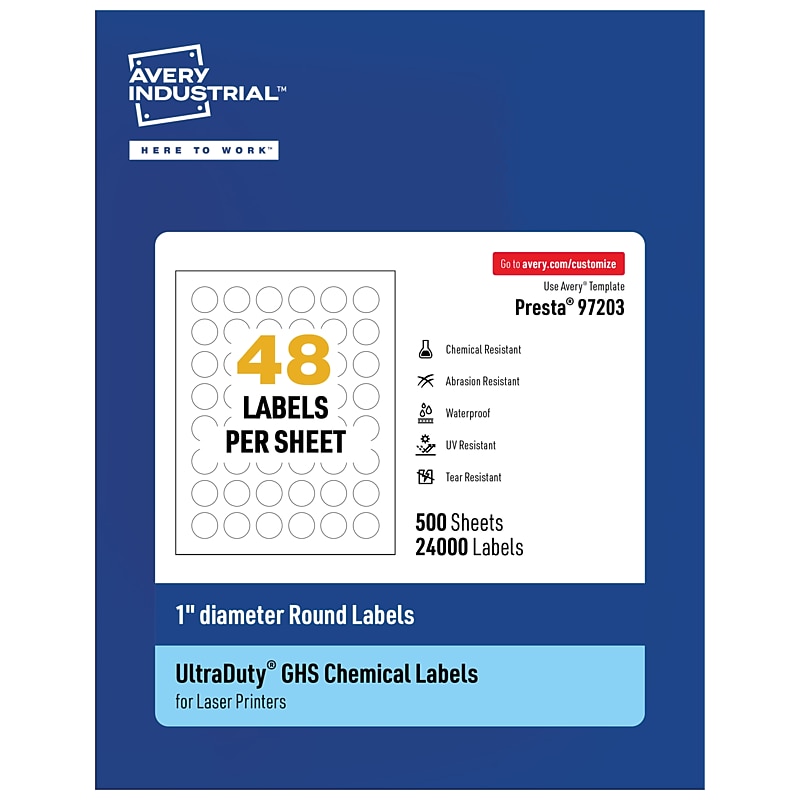 Avery UltraDuty Circle Multipurpose Labels, 1" Dia., White, 24000/Box (97203) image 1