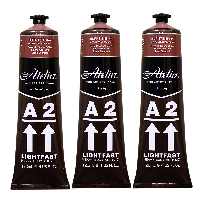 Chroma Atelier A2 Lightfast Acrylic Paint Tube, Burnt Sienna, 4 oz., 3/Bundle (CRM679-3) image 1