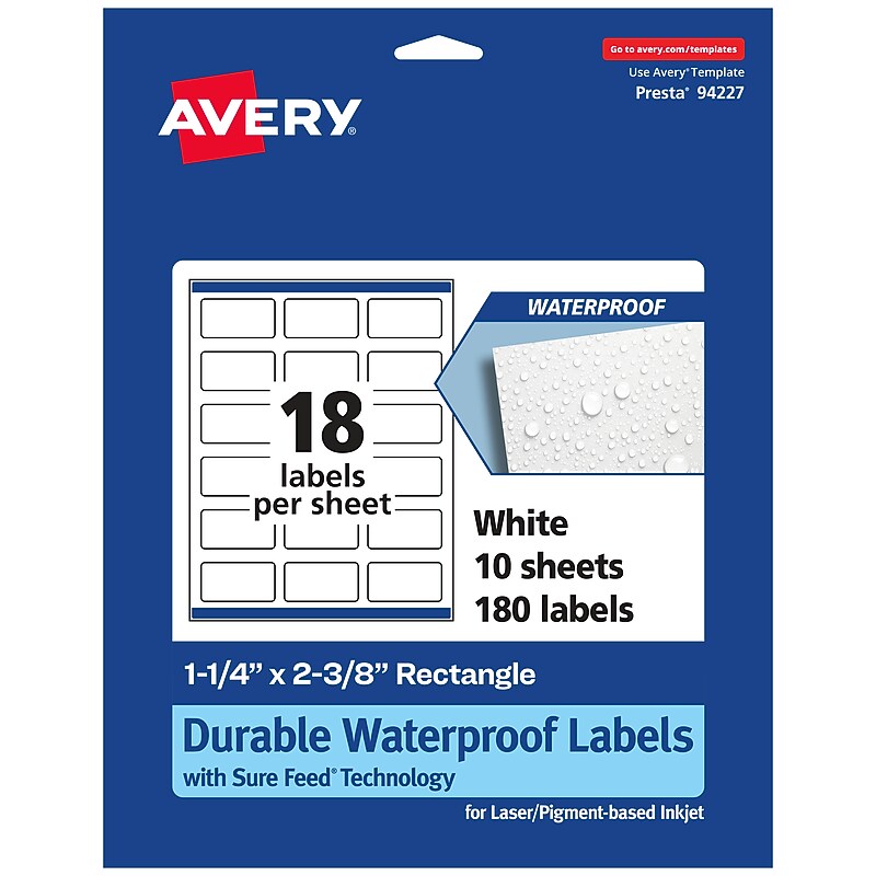 Avery Laser/Inkjet Waterproof Multipurpose Rectangle Labels, 1.25" x 2.375", White, 180 Labels/Pack (94227) image 1