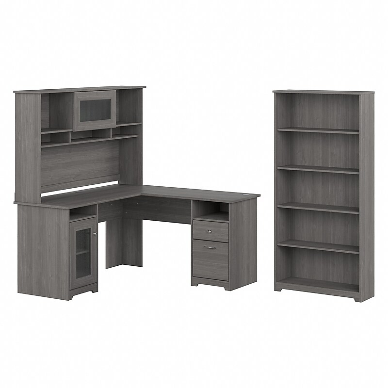 Bush Furniture Cabot 60"W L Shaped Computer Desk with Hutch and 5 Shelf Bookcase, Modern Gray (CAB011MG) image 1