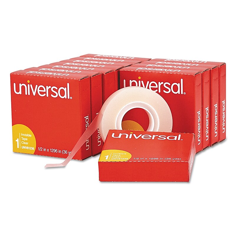 Universal Invisible Clear Tape, 0.5" x 36 yds., 1" Core, Clear, 12 Rolls/Pack (UNV81236VP) image 1