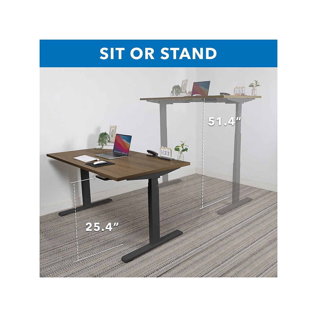 Desk shown in a room with decor and a computer, the desk height adjusting feature illustrated.