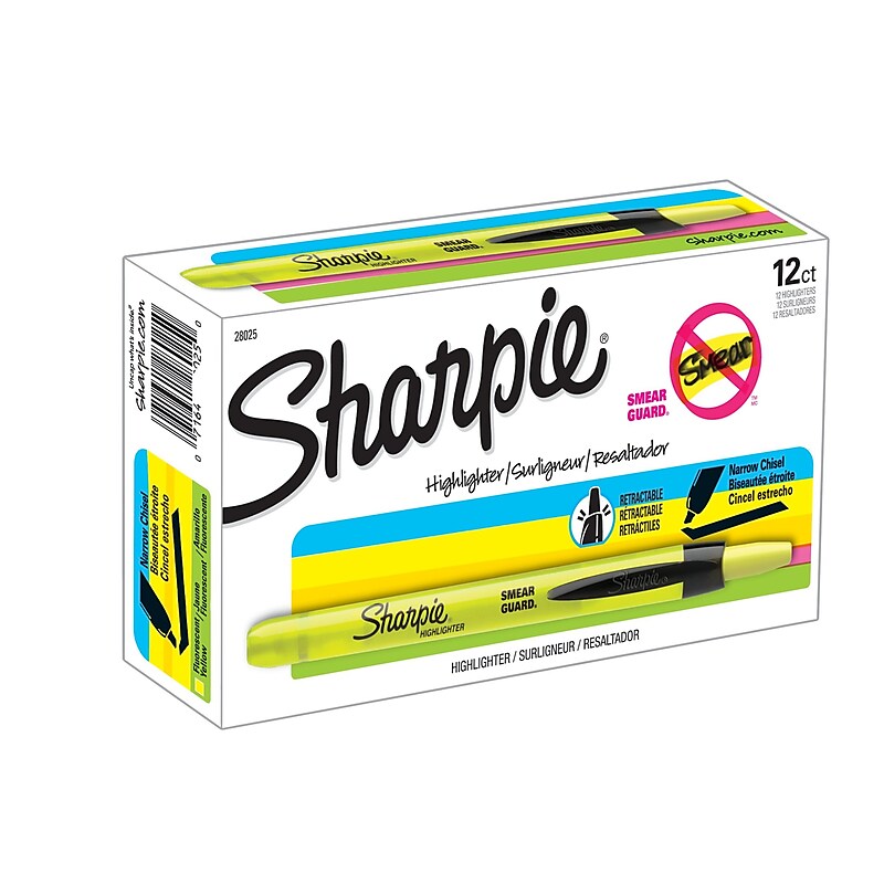 Sharpie Retractable Highlighter, Chisel Tip, Yellow, Dozen (28025) image 1