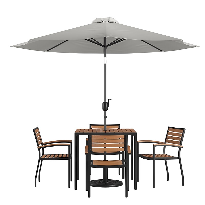 Flash Furniture Lark Outdoor Patio Table Set, Gray Umbrella, 7 Piece Set (XU8104UB19BGY) image 1